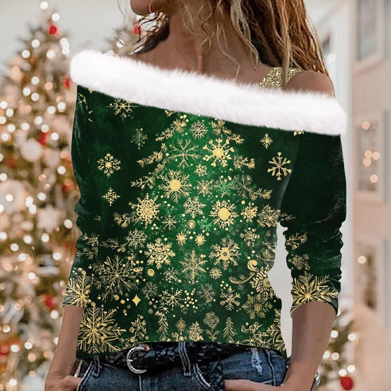 

Жіночий повсякденний модний плюшевий топ із відкритими плечима з довгим рукавом і різдвяним принтом XXL