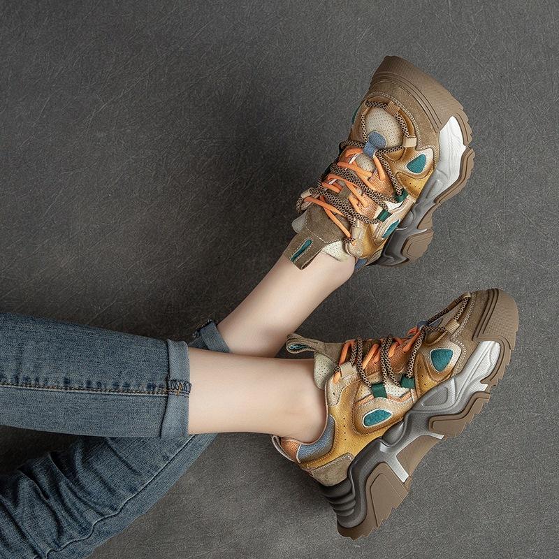 Johnature Frühling Herbst Retro Lace-up Casual Runde Kappe Frauen Echtes Leder Flache Schuhe