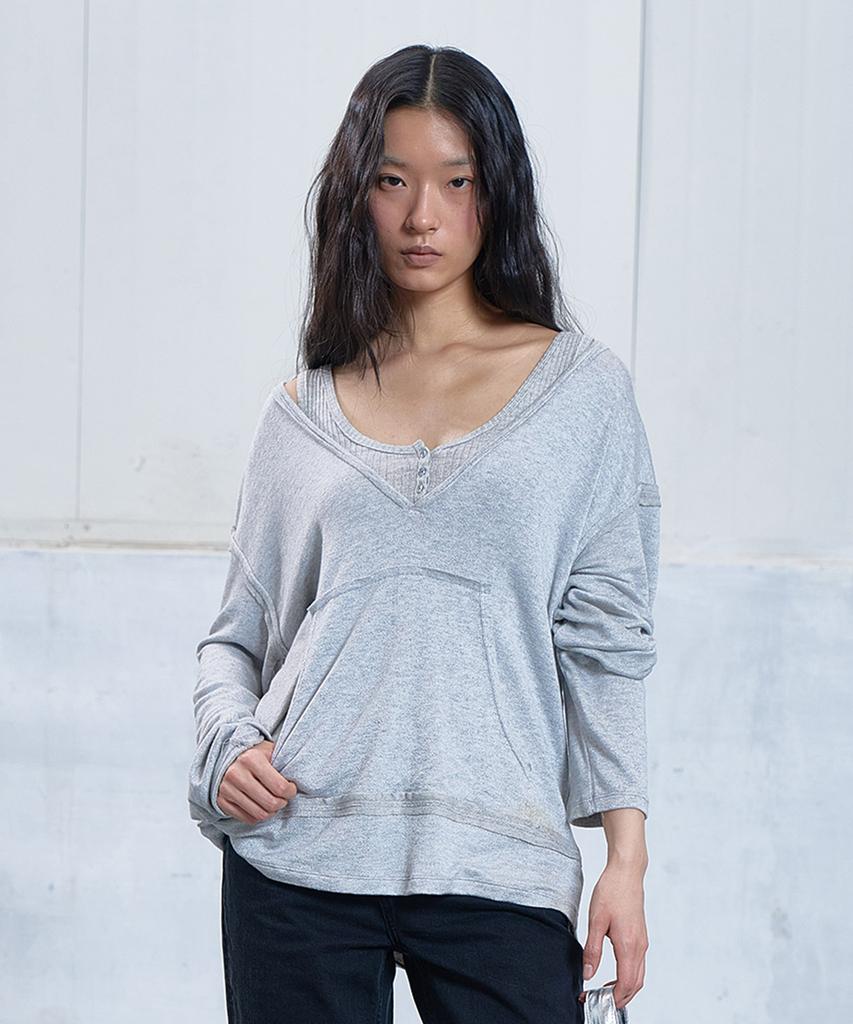 DEINET Raw V Long Sleeve In Melange Gray