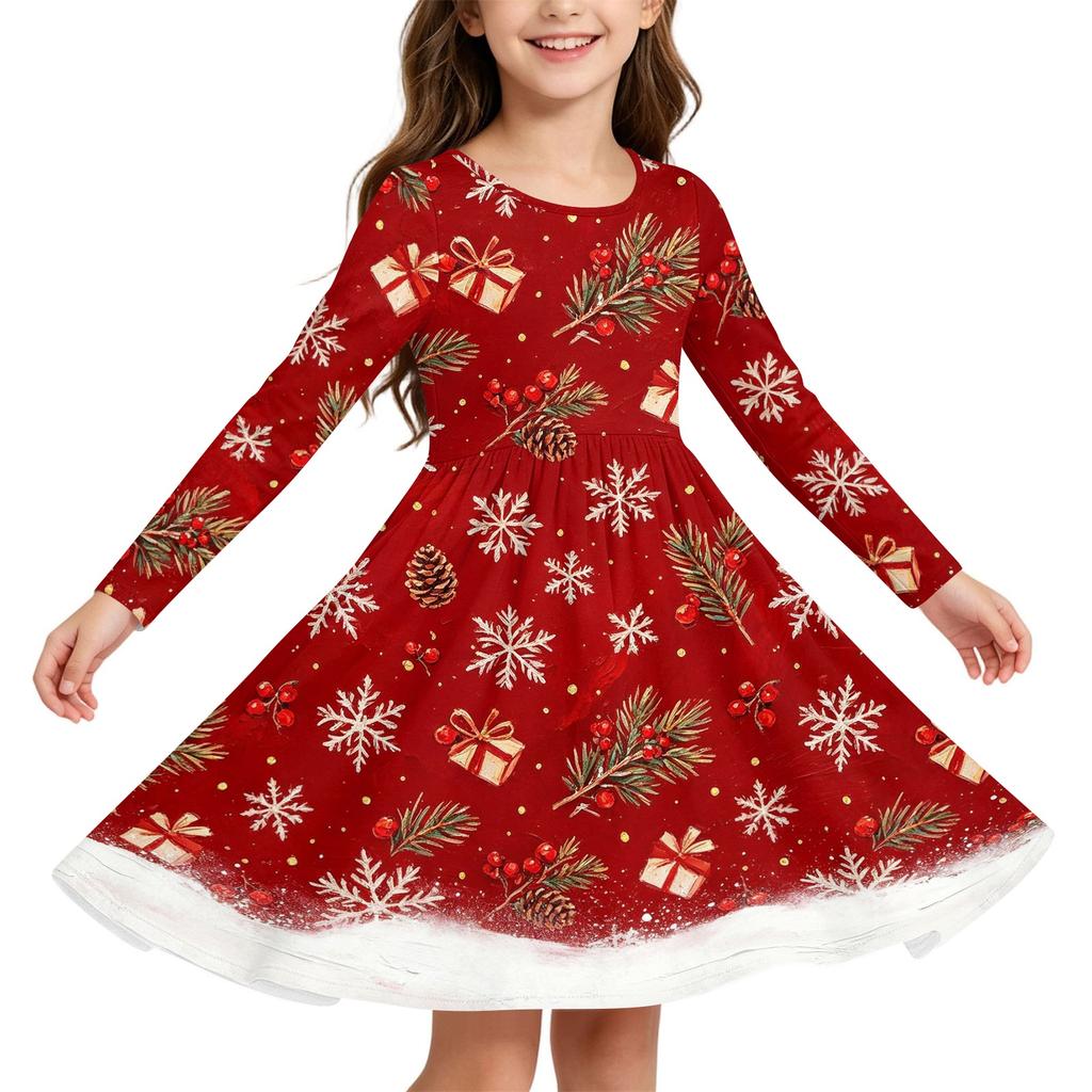 Girls Christmas Print Long Sleeve Dress with Sleeves for Holiday Party and