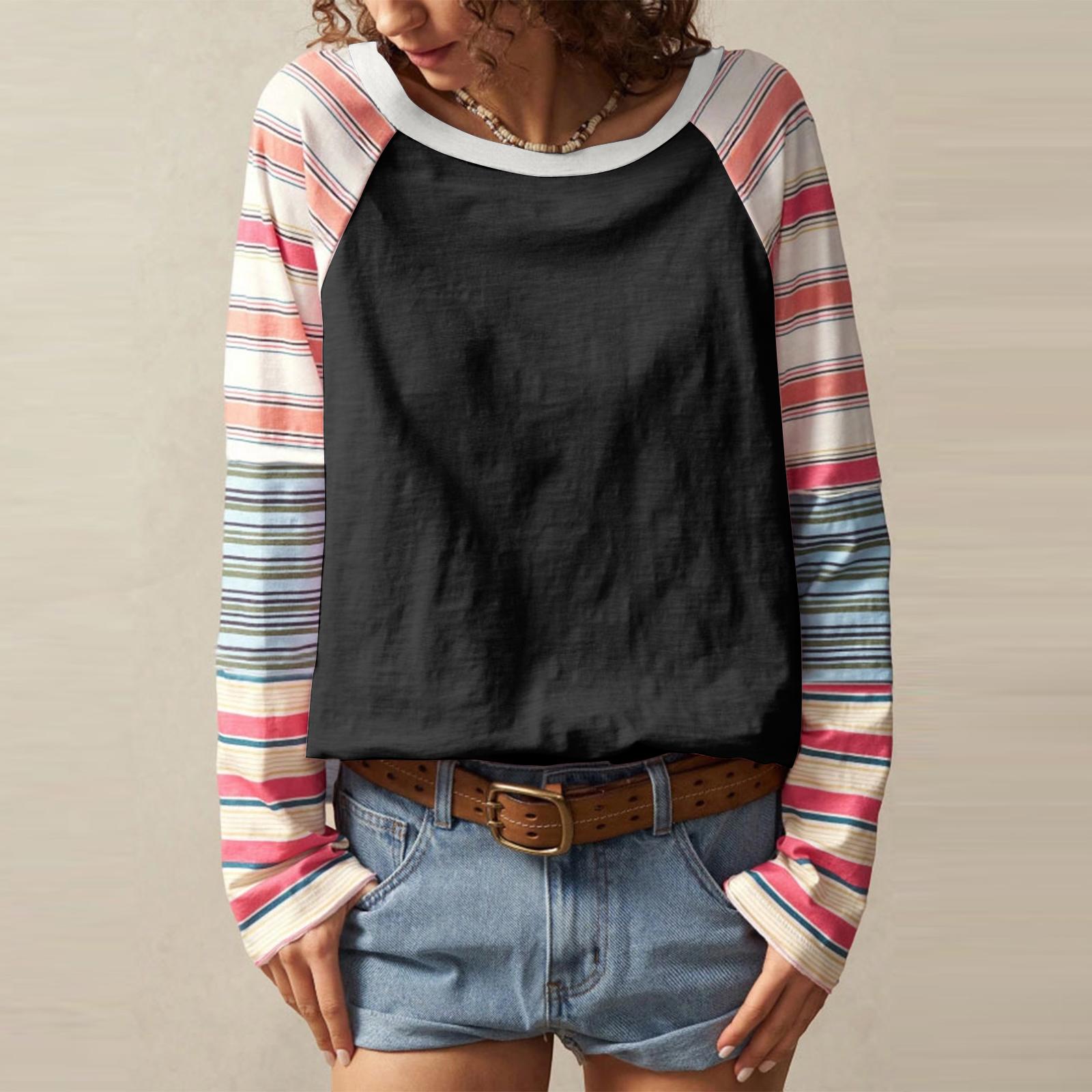 

Ladies Fashionable And Elegant Mixed Color Striped Printed Round Neck Long Sleeved Top XXL чёрный