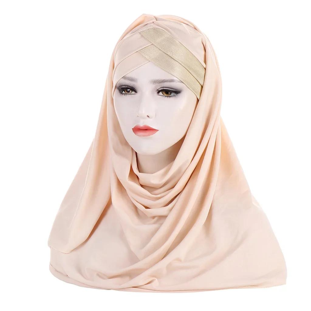 Sofort-Hijab Jersey-Hijabs Für Frauen Kreuz Stirn Pailletten-Turban Muslimische Frauen Hijab-Schal Türkischer Baumwoll-Hijab Für Frauen