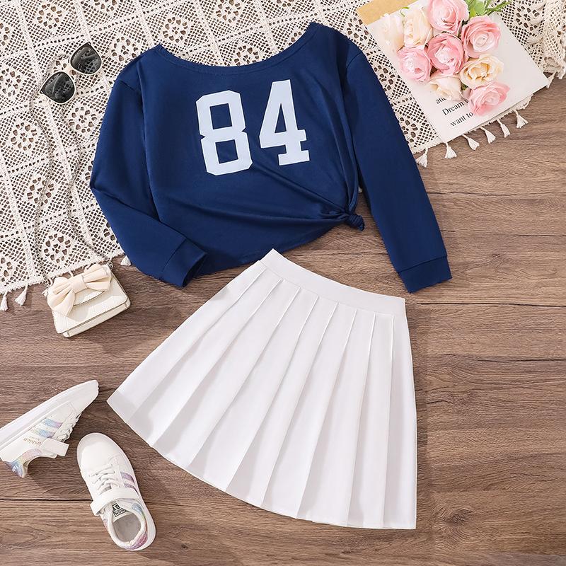 

Новинка осени для девочек, свободная футболка с асимметричным плечом и длинным рукавом, повседневная плиссированная юбка, комплект из двух предметов 10Y синий