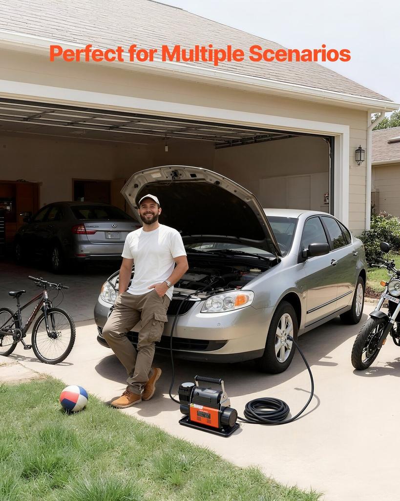 12V Heavy Duty Air Compressor, Auto-Stop Portable Tire Inflator with LCD Digital Display, 202 L/Min 150PSI Offroad Air Pump with Adapters for Trucks