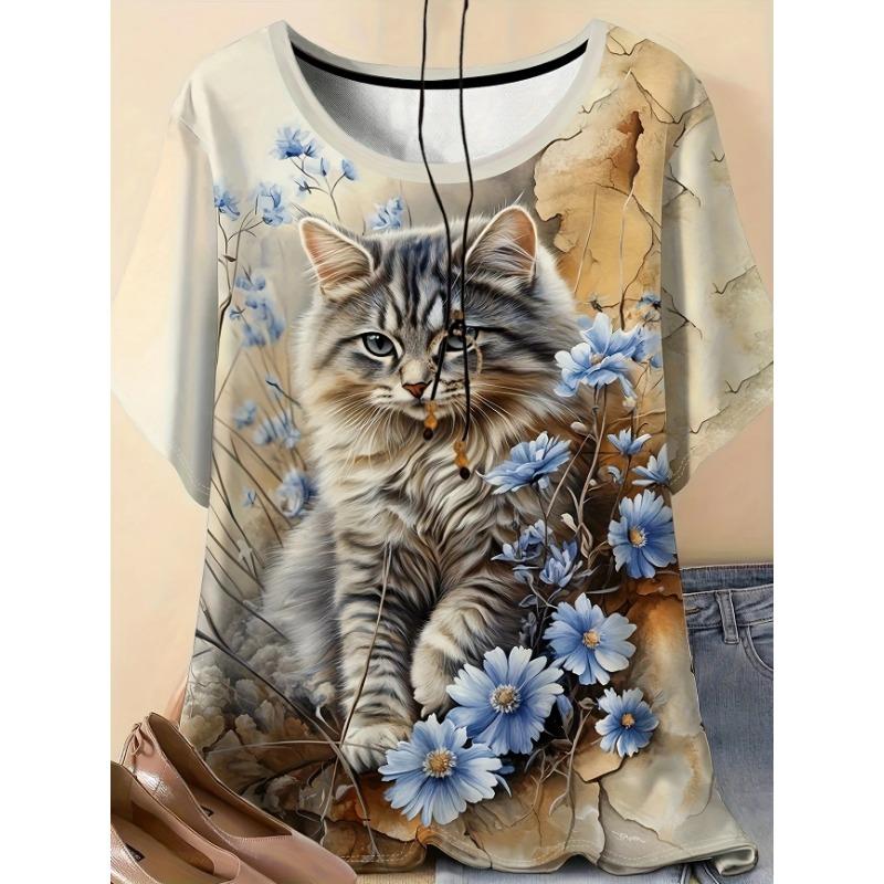 Women's T-Shirt Floral And Skull Print Fashion Casual Short-Sleeved Round Neck Blouse Street Oversized Women's Clothings Summer