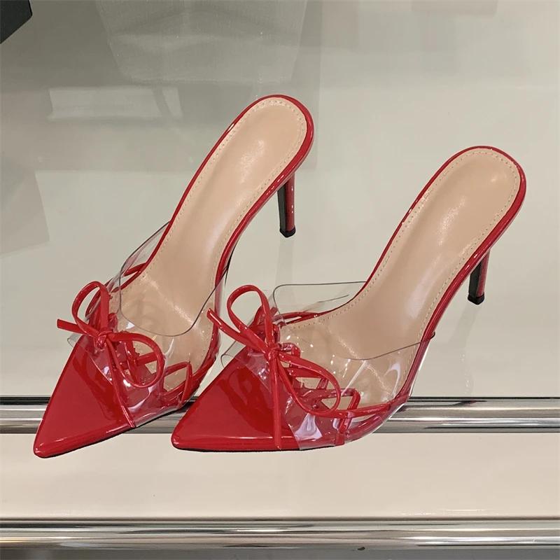 Eilyken 2025 New Summer Street Style PVC Transparent Pointed Toe Women Slipper Sexy Thin Heels Stripper Party Slides Shoes