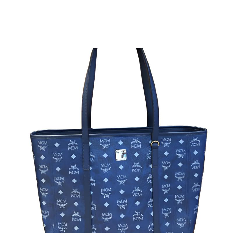 MCM Blue Visetos Leather Large Tote Bag with Gold Hardware for Daily Use
