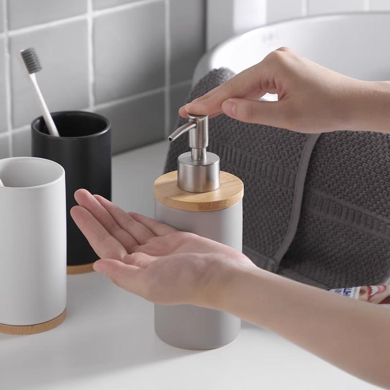 Toothbrush Holder Cup Ceramics Tooth Brush Organizer Nordic Style Bathroom Accessories Set with Wood Base Bathroom Space Saving