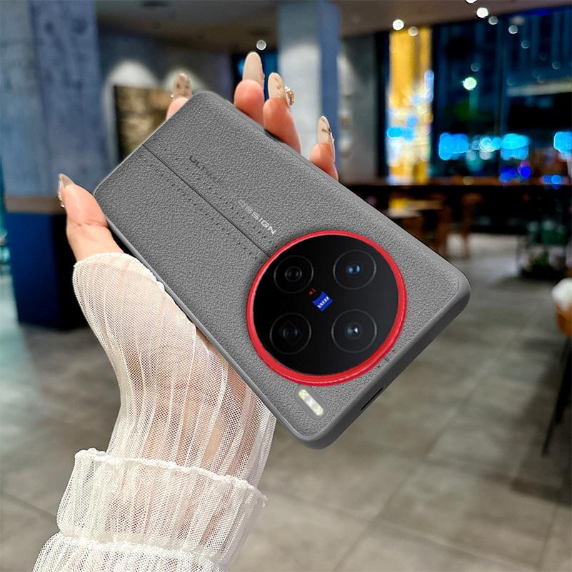 Plain Leather Middle Stitching Style Red Heightened Lens Ring Case For VIVO X200 Ultra X200s X200 Pro Mini X200 Pro Slim Cover