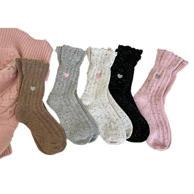 Thickened Lace Idea Yarn Wool Socks Children'S Love Embroidery Medium Tube Socks Warm Thick Line Stacking Socks