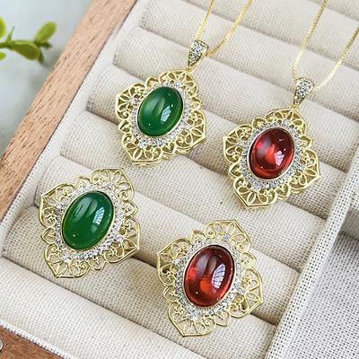 Jewelry European Simulation Corundum Green Chalcedony Retro Hollow Set Main 10 * 14
