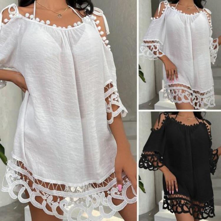 Sexy Lace Crochet Backless Mini Dress Summer Beach Vacation Lady Garment Above Knee Length Sunscreen