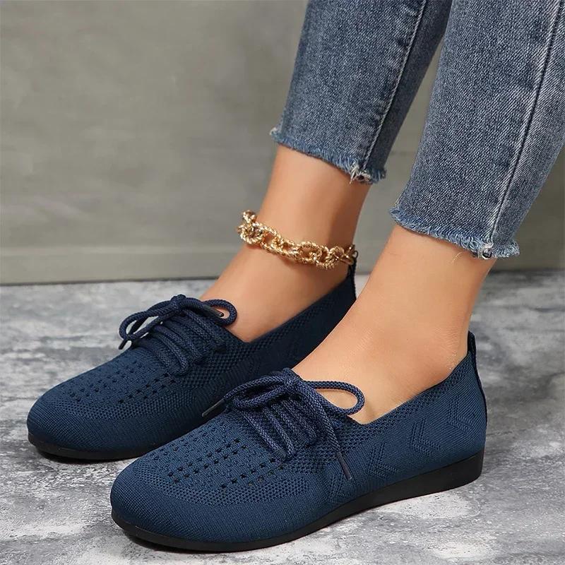 Knitting Mesh Flats Shoes Women Spring Weave Breathable Shoes Fashion Lace Up Shoes Comfort Soft Sole Women's Flat