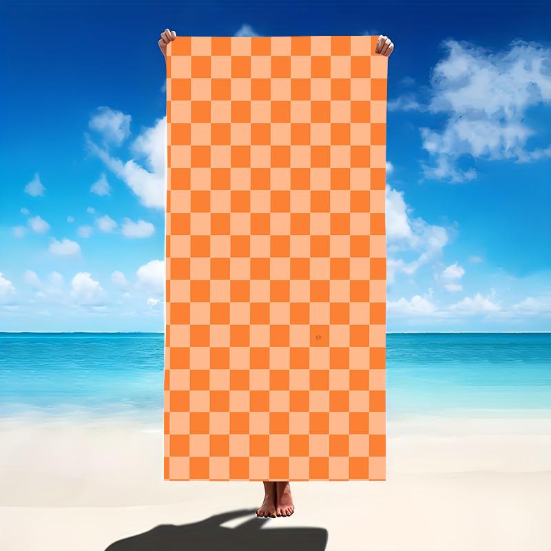Orange and white checkerboard patterned beach towel retro pop style summer beach swimming pool personalized quick drying towel