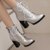 White Silver Women's Ankle Boots Autumn Winter Short Boot Shoes Black Lace-up Block High Heels Party Footwear Large Size 45 50