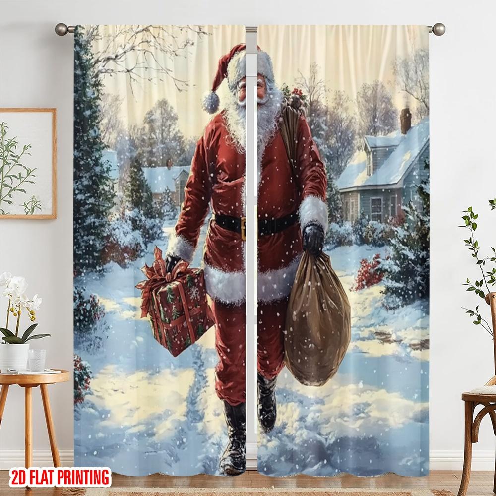 2pcs,2D plane printing Creative Curtains Santa Claus Walking Snowy Woods Gift (2) Versatile 100% Polyester (without rod)