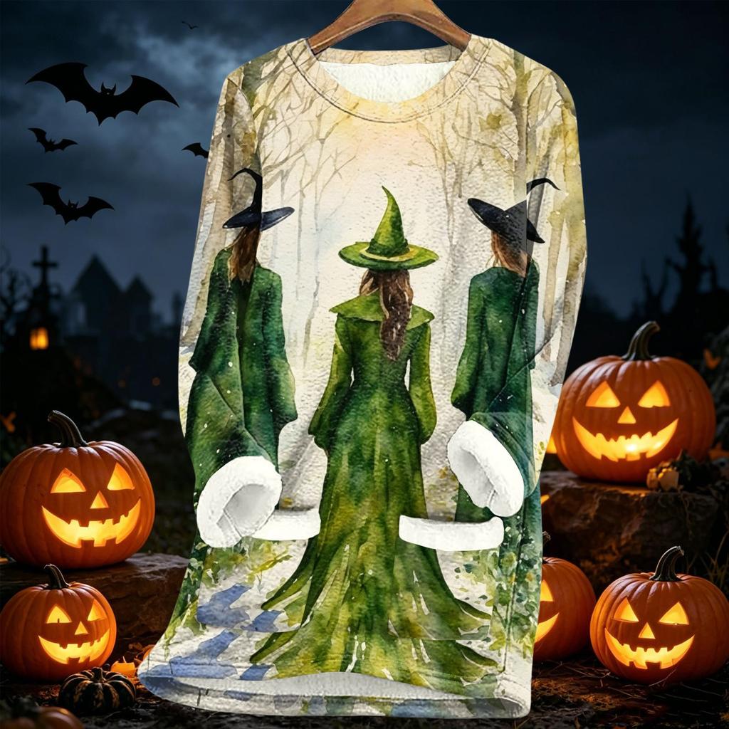 Women's Halloween Print Thick -Lined Lambswool Long Tunic Top for Fall and Winter