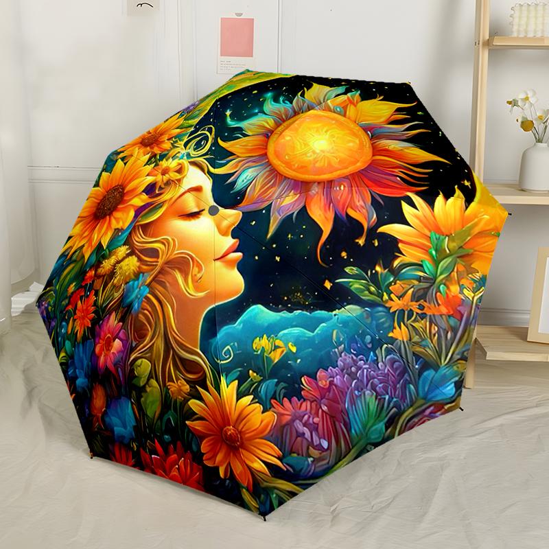 Sonne und Mond Wahrsagerei Automatischer Regenschirm, Kompaktes Design mit 8 Speichen, Faltbar und Tragbar, Outdoor-Freizeit und Täglicher Gebrauch-ideales Geschenk