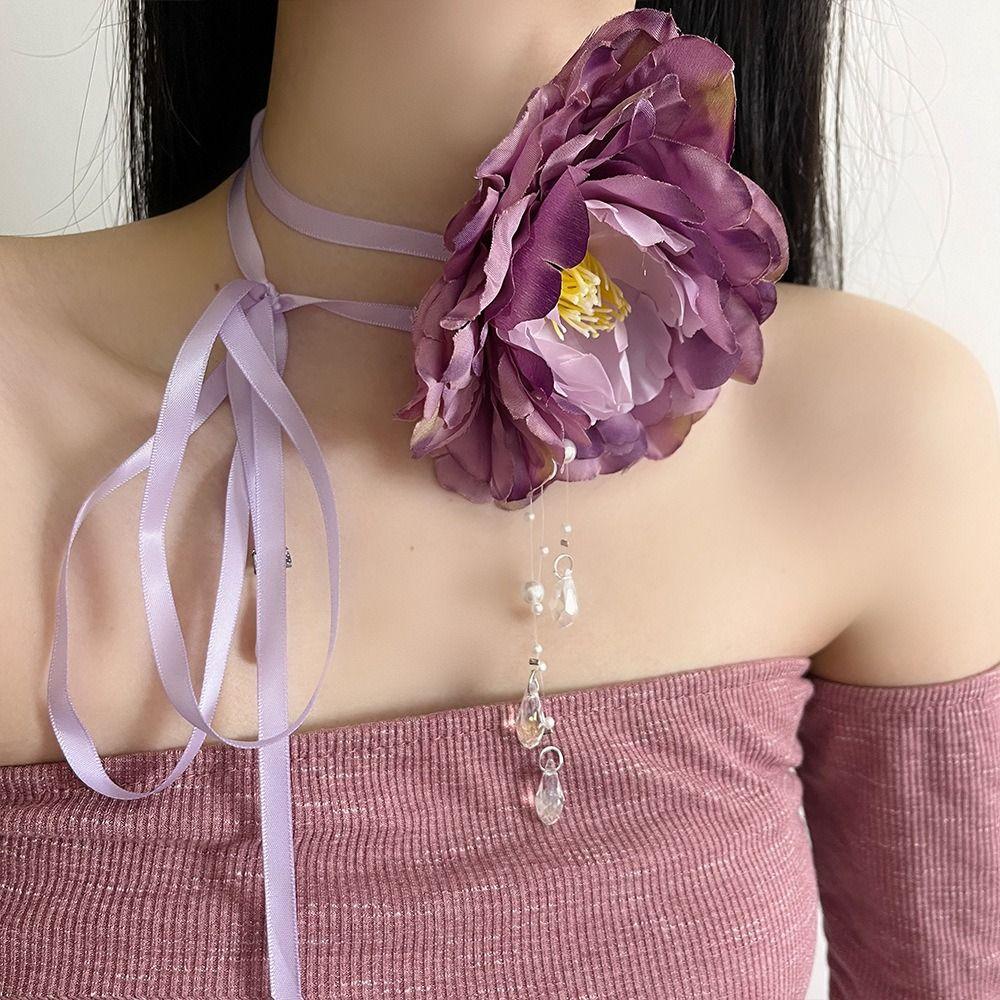 Korean Style Sweet Flower Choker Lace Up Floral Clavicle Chain Fashion Zantedeschia Necklace  Women