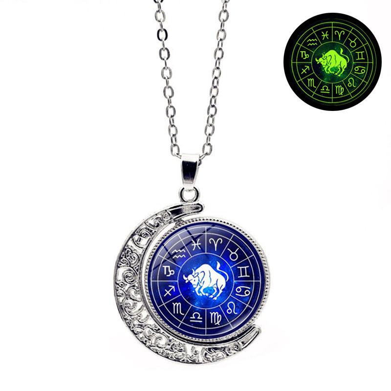 Luminous Twelve Constellations Double-sided Rotating Moon Pendant Necklace for Women European and American