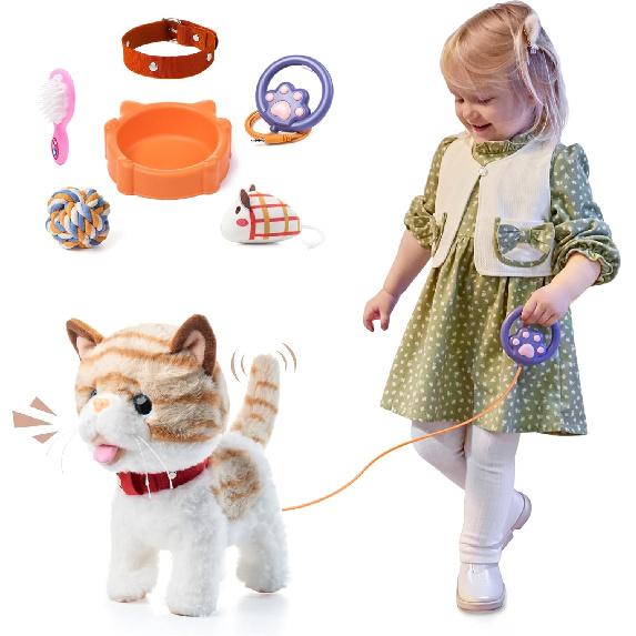 OR OR TU Walking Talking Toy Cat with Remote Control Leash, Plush Pet Electronic Interactive Toys for Kids, Wag Tail, Singing, Pretend Dress Up