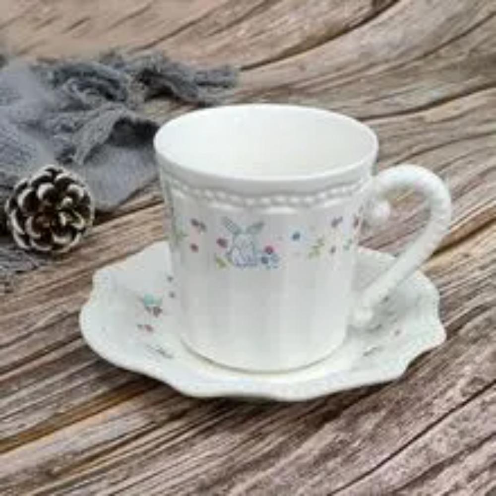 Creative Rabbit Relief Ceramic Cup and Plate Set for Small Fresh Tableware