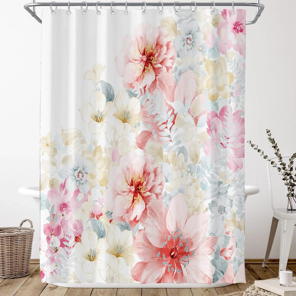 Elegant Floral Shower Curtain Set, Waterproof Fabric with Vibrant Blossoms for Romantic Bathroom Decor, Adds Garden Feel