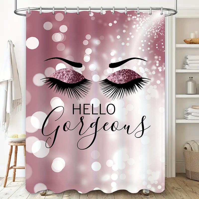 Pink Sparkly Blush Shower Curtain with Glimmering Eyes Glamorous Hello Gorgeous Bath Decor for Girls Women's Bathroom Accessorie