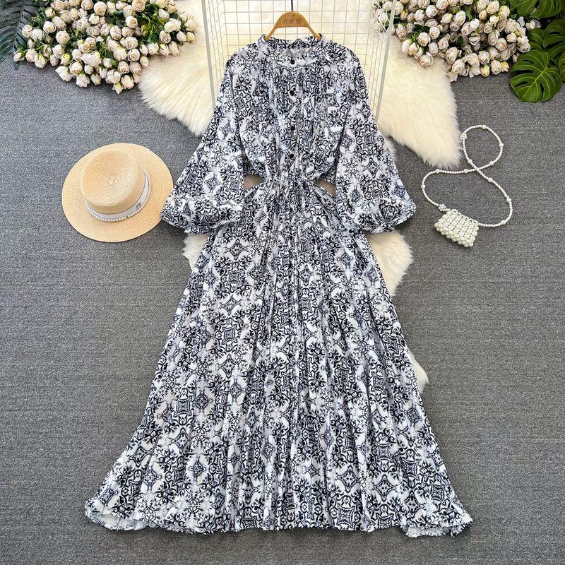 

Spring and Autumn Lantern Long Sleeve Asymmetrical Elegance Dress Black Print on white background One size