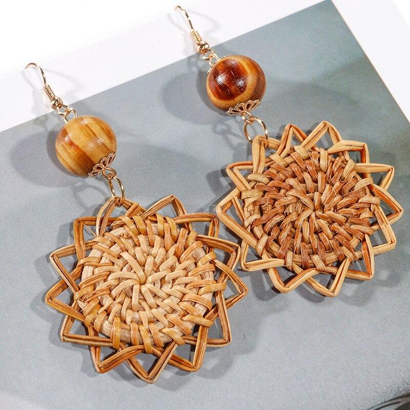 Boucles d'Oreilles Fleur en Rotin Tressé Vintage pour Femmes Accessoires de Bijoux pour Femme
