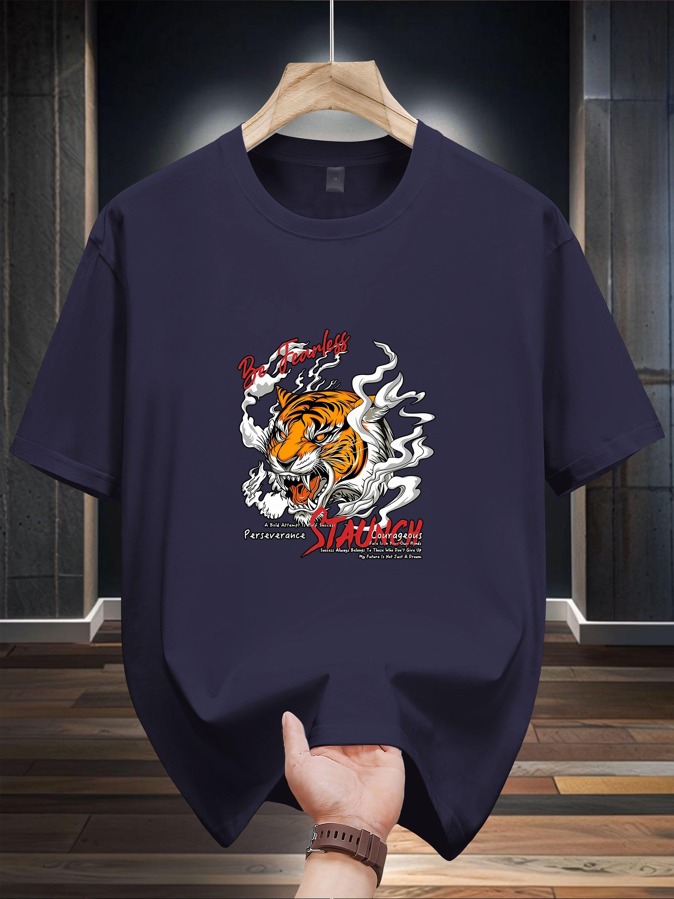 Casual Cotton T-shirt with Bold Tiger Graphic Print - Short Sleeve XXXXL