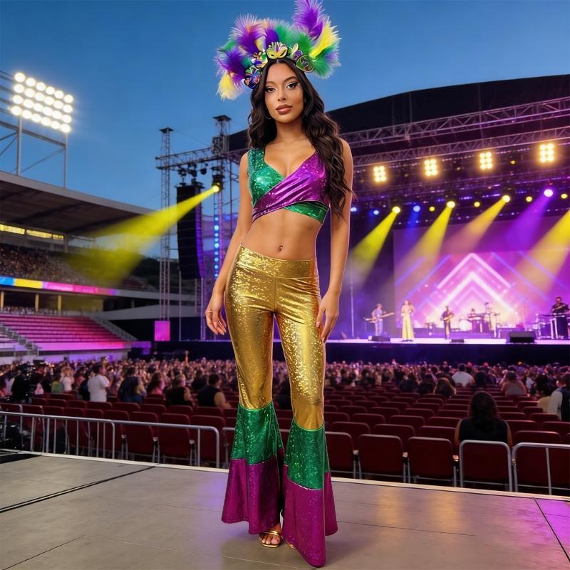 Disco Party Costume Set With Fashion Polyester Halloween Dance Costume And Matching Headpiece For Women