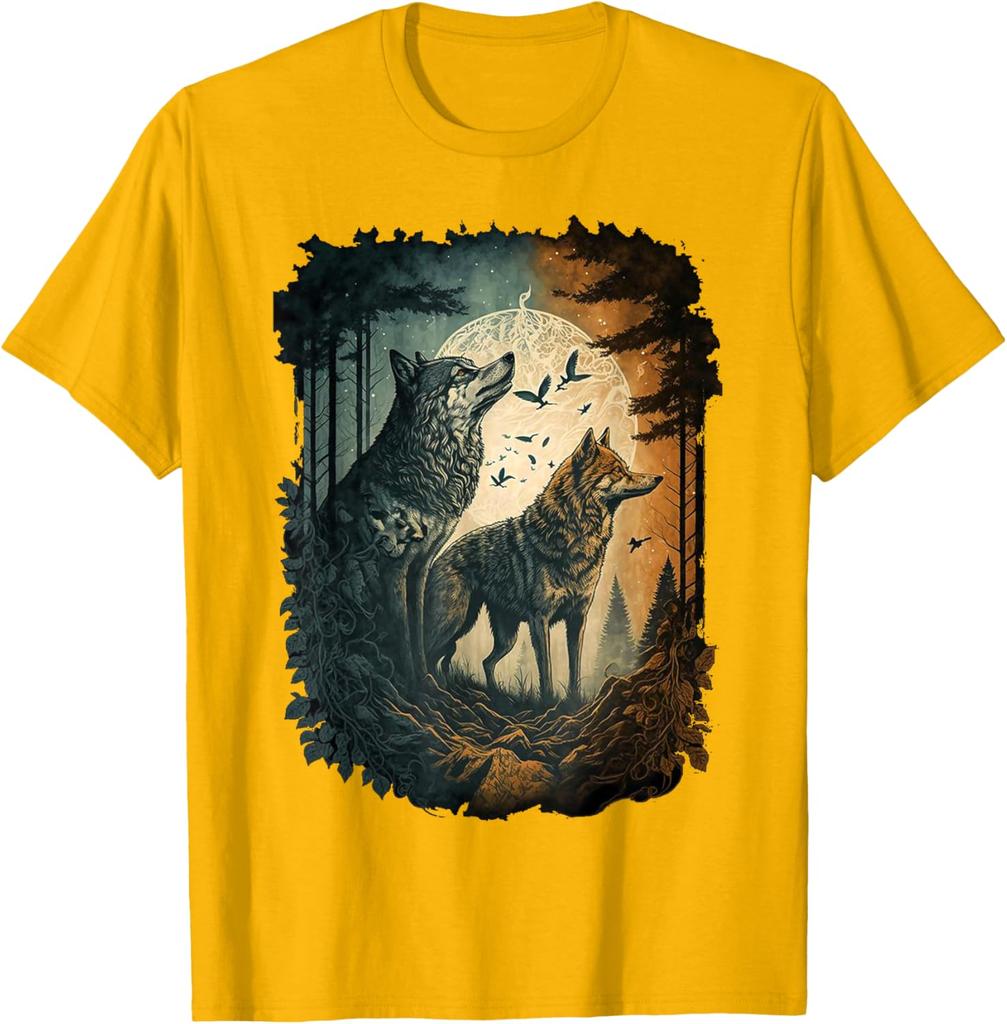 Wolf Howling Moon Forest Graphic Tee Men Women Casual Cotton Crew Neck T-Shirt Spring Autumn