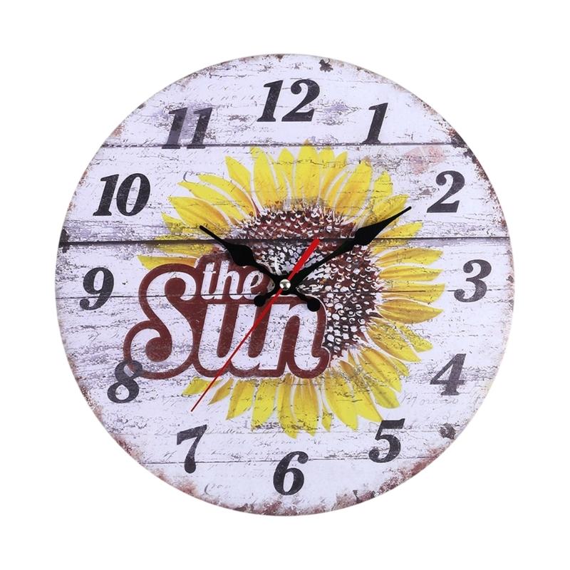 Analog Sunflowers Wall Clock 30cm with Large Arabic Numerals, Farmhouse Wooden Floral Wall Decors for Dining Area and Hallway