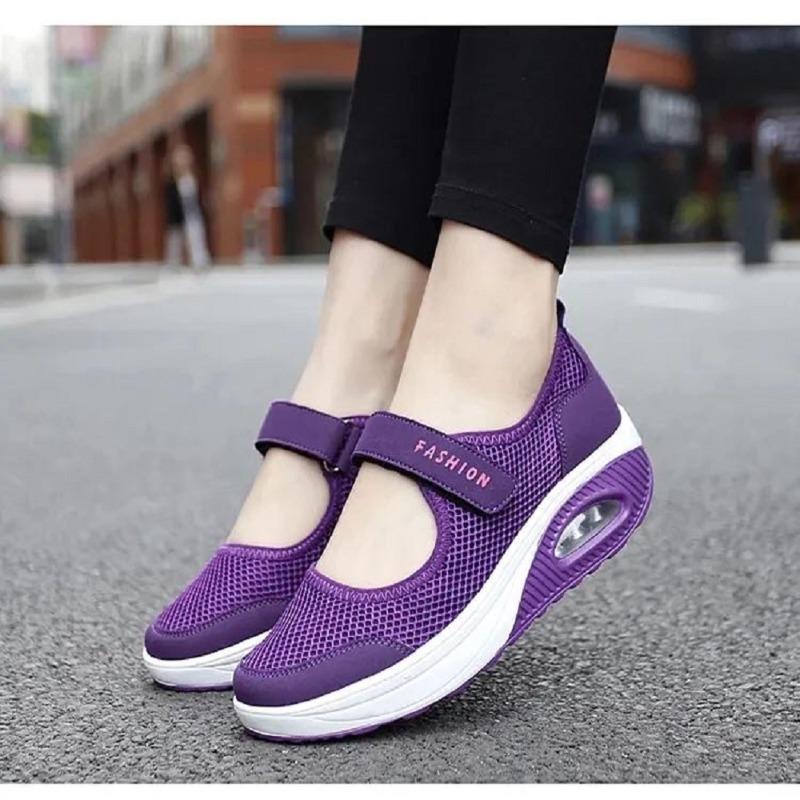 Spring and Autumn Large Size New Mesh Hollow Slope Heel Velcro Casual Rocking Shoes Casual Single Shoes Women