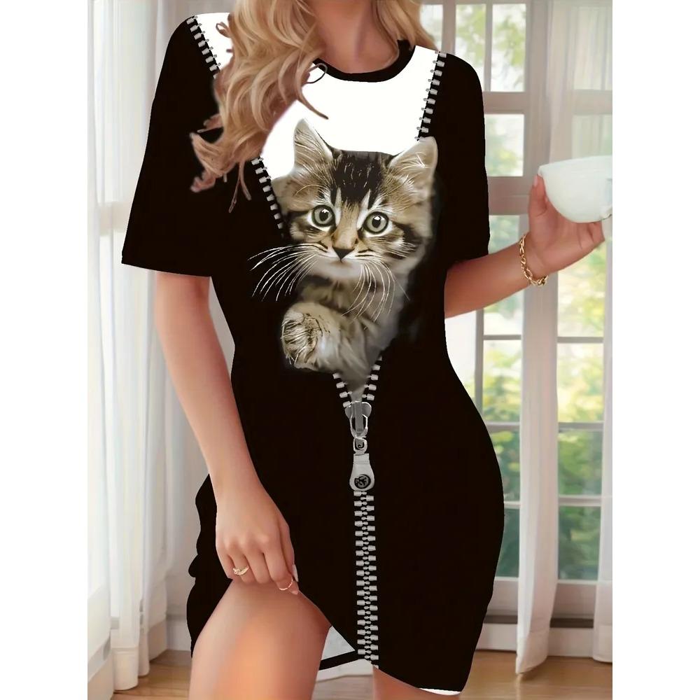 Fun Animal Patterns Women Mini Dresses Summer Short Sleeve Printed Plus Size Casual Comfortable Soft Dress