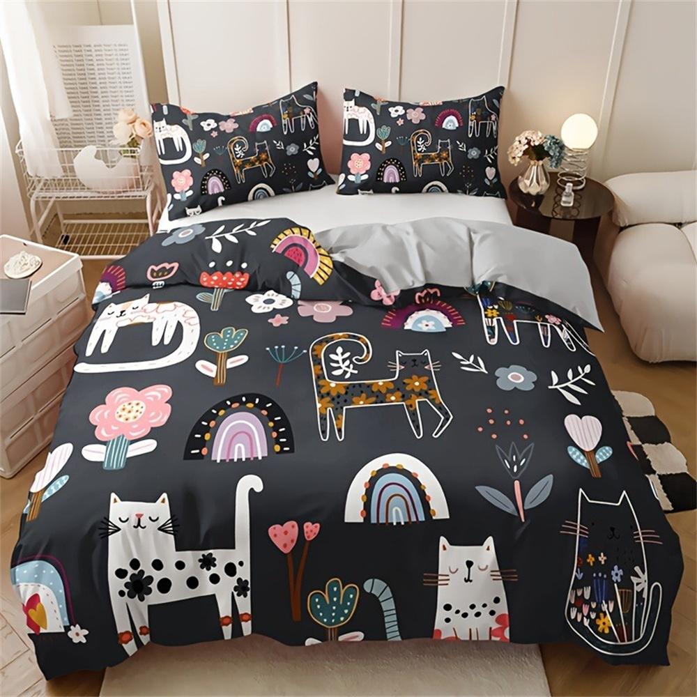 

Комплект постельного белья с принтом кошек и цветов - Включает 1 пододеяльник и 2 наволочки, дышащий полиэстер, машинная стирка - Идеально Set&Eu Twin 135x200cm