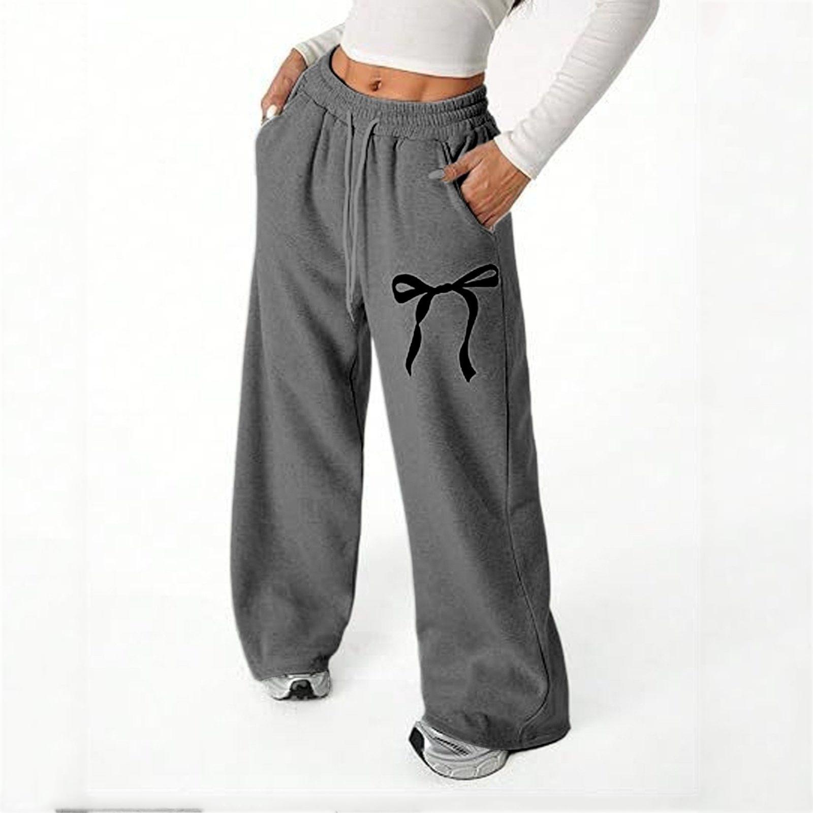 Women s Loose Elastic Waist Pocket Casual Pants Plaid Print Wide Leg Trousers M