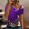 Women Gilded Fluid Print Cold Shoulder Short Sleeve T Shirt Irregular Cutout Neck Casual Summer Blouse Top