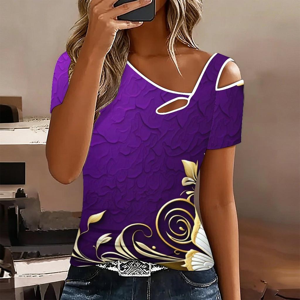Women Gilded Fluid Print Cold Shoulder Short Sleeve T Shirt Irregular Cutout Neck Casual Summer Blouse Top
