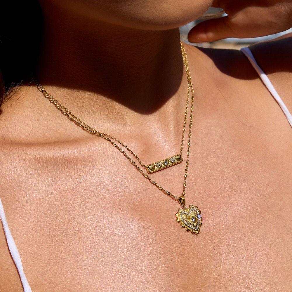 Handmade Double Stacked Neck Chain Titanium Steel Heart Clavicle Chain  Summer Beach