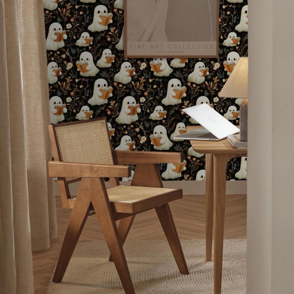 2pcs Halloween Self-Adhesive Wall Stickers Removable Cute Ghosts Wallpaper Dark Style Peel and Stick Wallpaper with Flower Halloween Themed Wallpaper