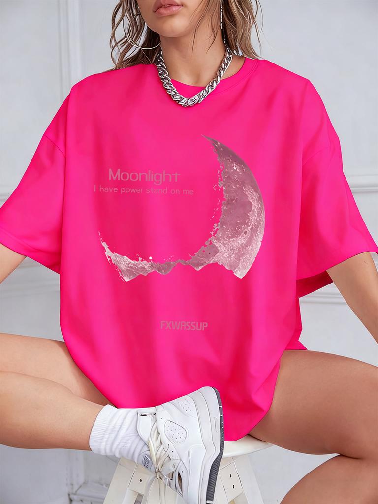 Plus Beautiful Moonlight Prints T-Shirts Womens Summer Cotton Short Sleeve T Shirt O-Neck Comfortable Loose Tops Casual Clothes