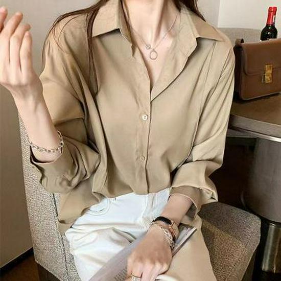 Spring Korean Style Solid Color Long Sleeve Overlap Shirt for Women