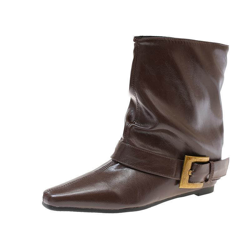 Autumn and winter new French retro pointed toe wedge short Martin boots belt buckle thin boots short boots