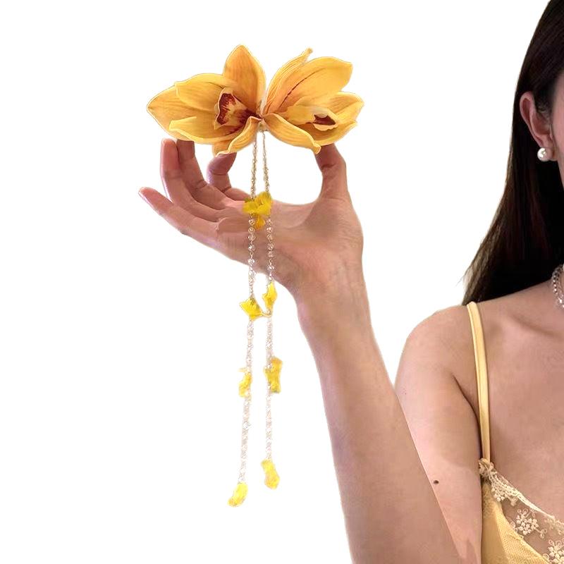 Yellow Fabric Flower Hairpins For Women Glass Beads Petal Tassel Spring Clips Sweet Romantic Barrettes Holiday Hair Accessories