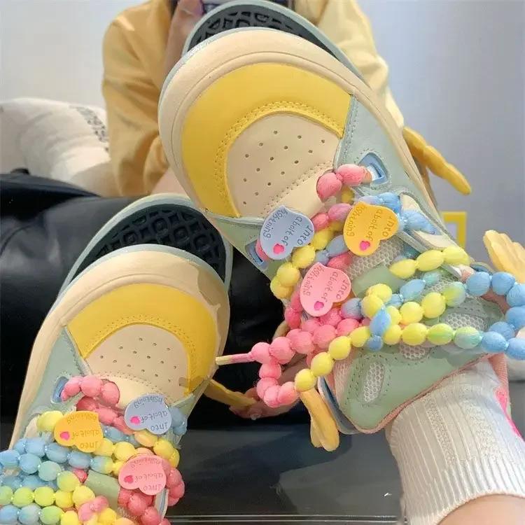 Fashion Sweet Best - Selling Rainbow - Colored Sneakers, Wing & Bead & Heart Detail, Ideal for Cute Daily Looks