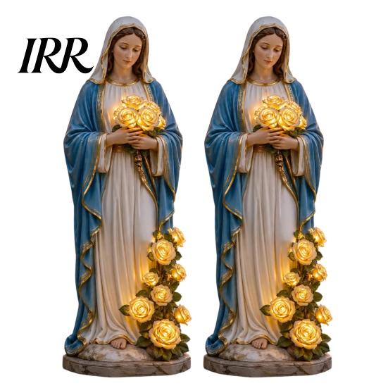 Decoración Cristiana para Jardín Resistente a la Intemperie Virgen María Luz, Estatua para Exteriores con Rosa Brillante LED, Figura Lámpara Madre Bendita Suave Brillo Dorado para