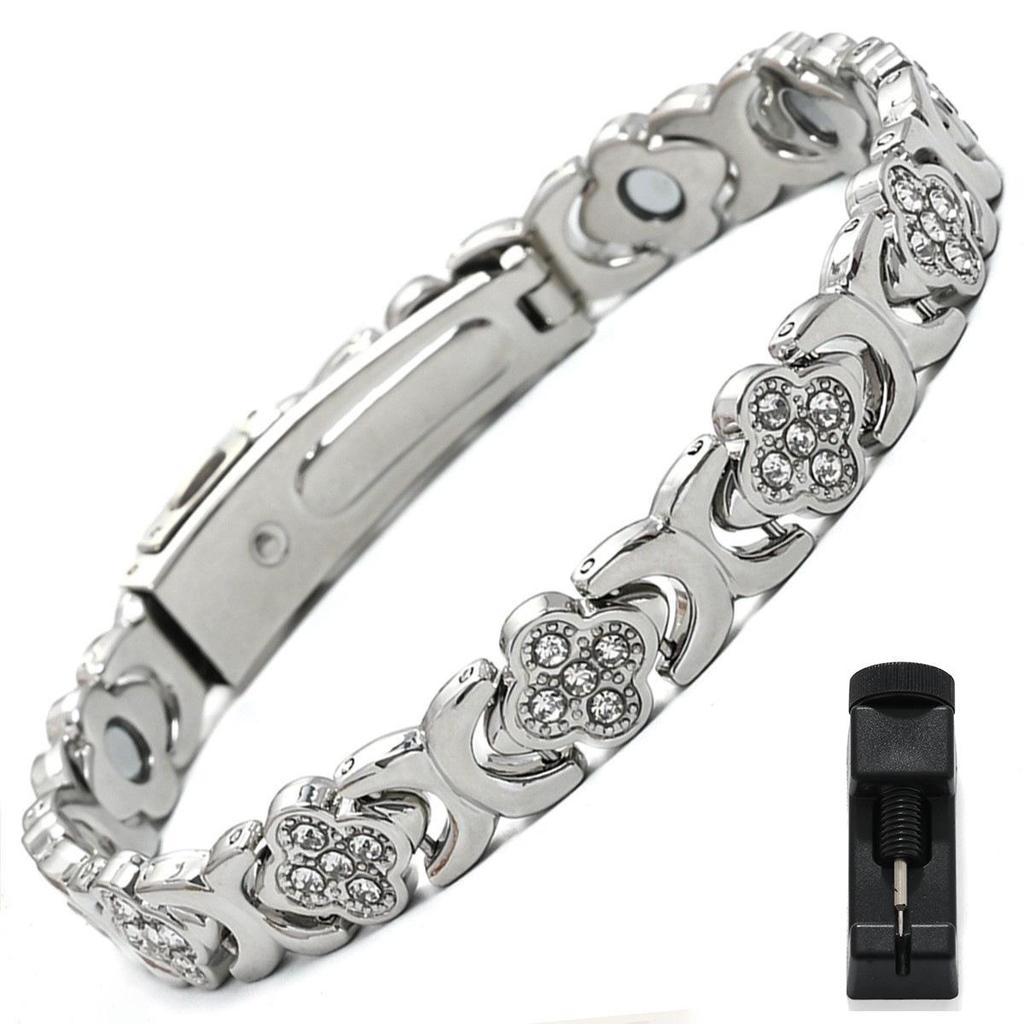 European & American Magnetic Bracelet: Fashionable Four-leaf Clover Alloy with Diamond Inlay, Single Row Magnetic Jewelry for Women.
