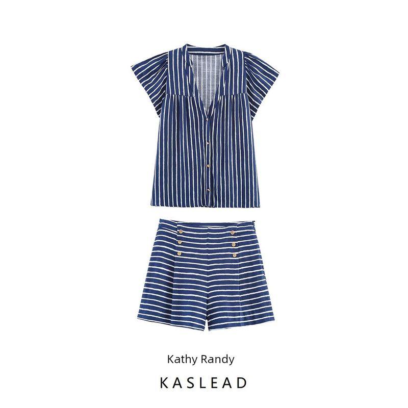 Kaslead New Women Clothes Western Style Blended Stripe Short Sleeve Shirts Shorts 8100669 8100669